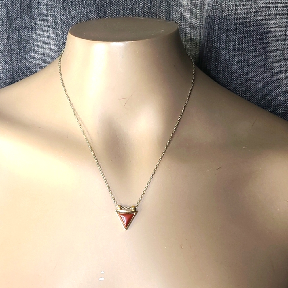 Triangle Necklace Stainless Steel Chain Pendant Gold Tone Rust Brown Agate Trend